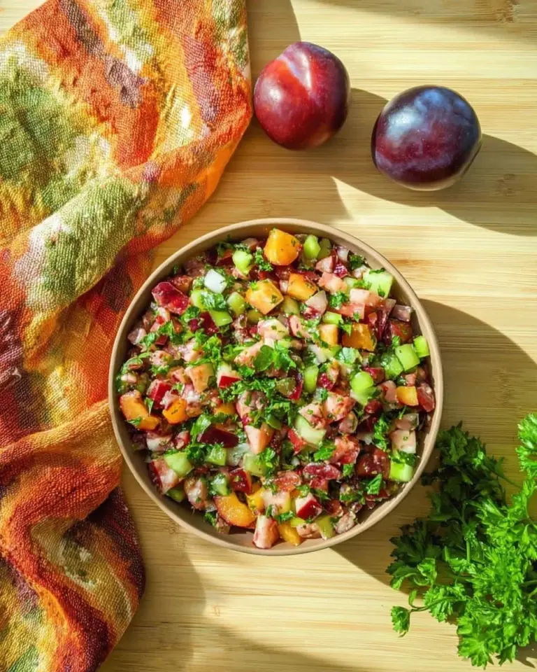 Delicious homemade Plum Salsa served in a bowl with chips