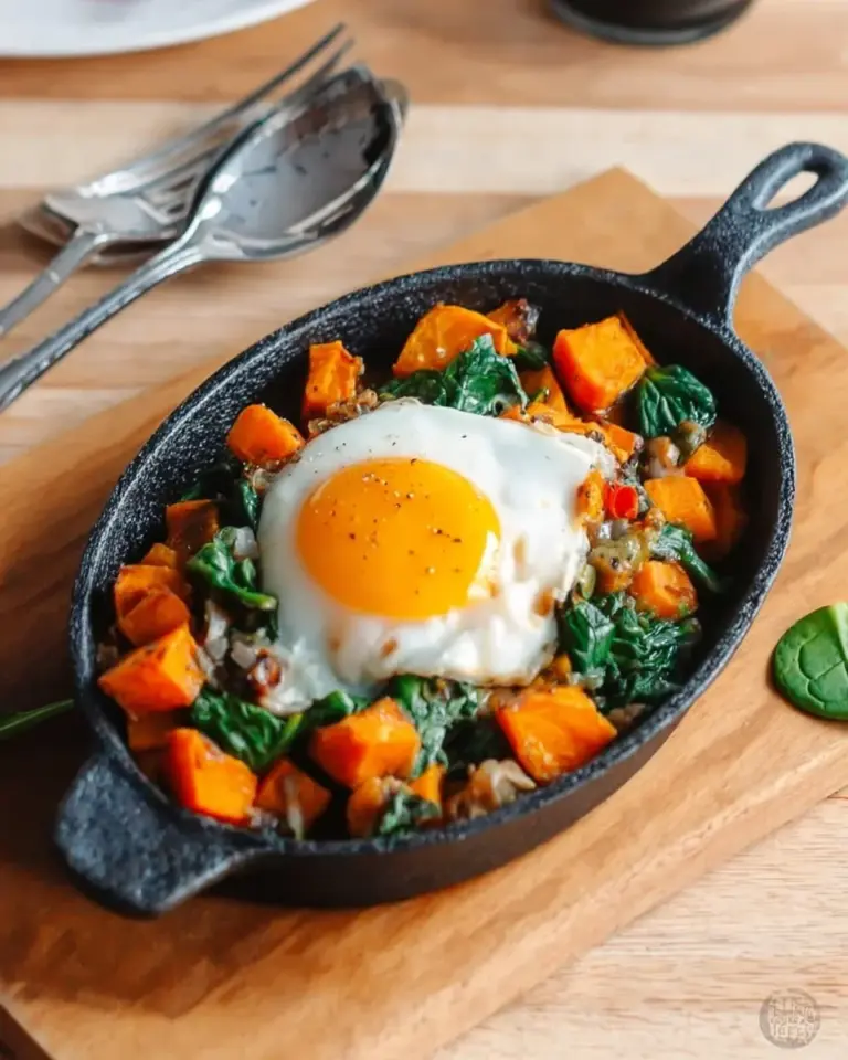 Sweet Potato Mushroom Breakfast Skillet with herbs in a pan