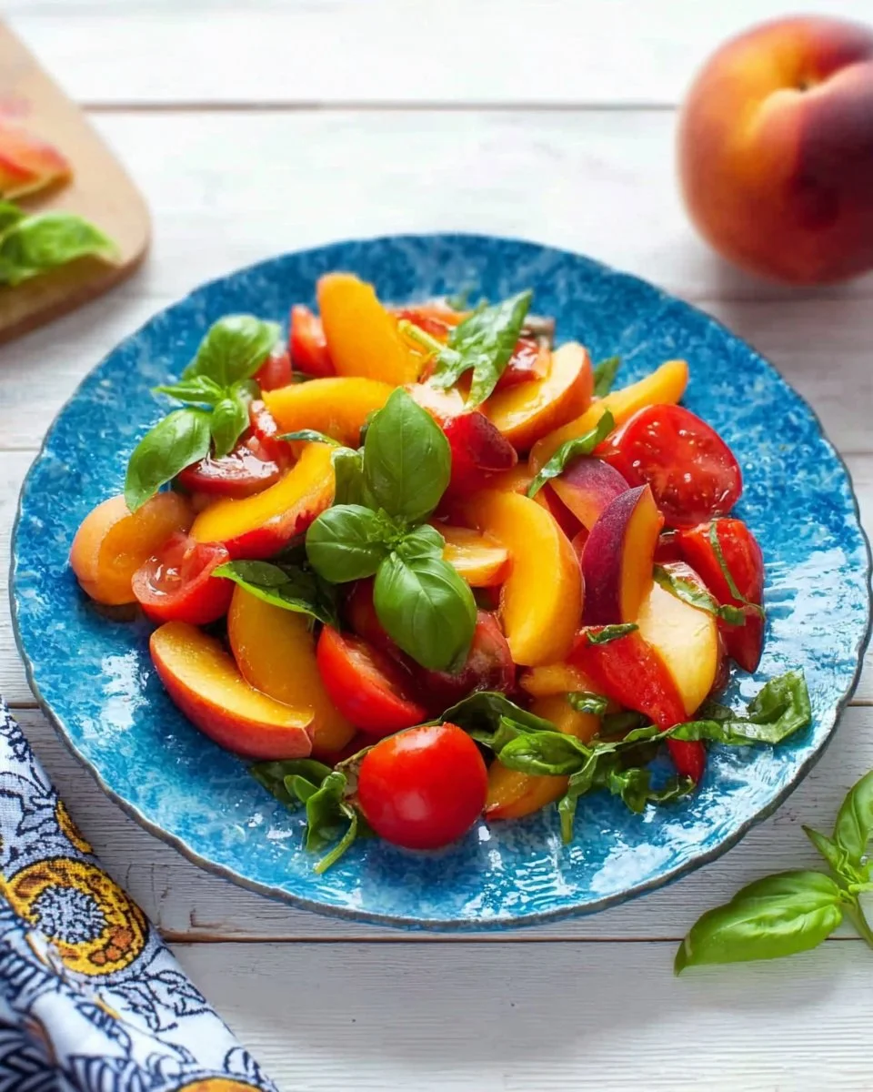 Fresh Tomato Peach Salad with Basil, showcasing vibrant colors and ingredients.