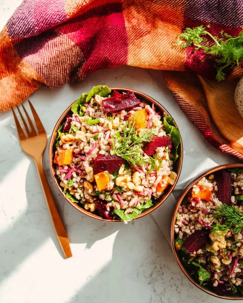 Wild rice and roasted beet salad with fresh greens and toppings