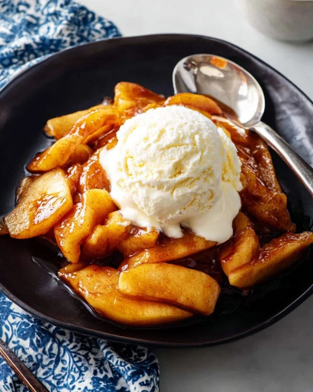 Delicious Air Fryer Apples served with caramel sauce