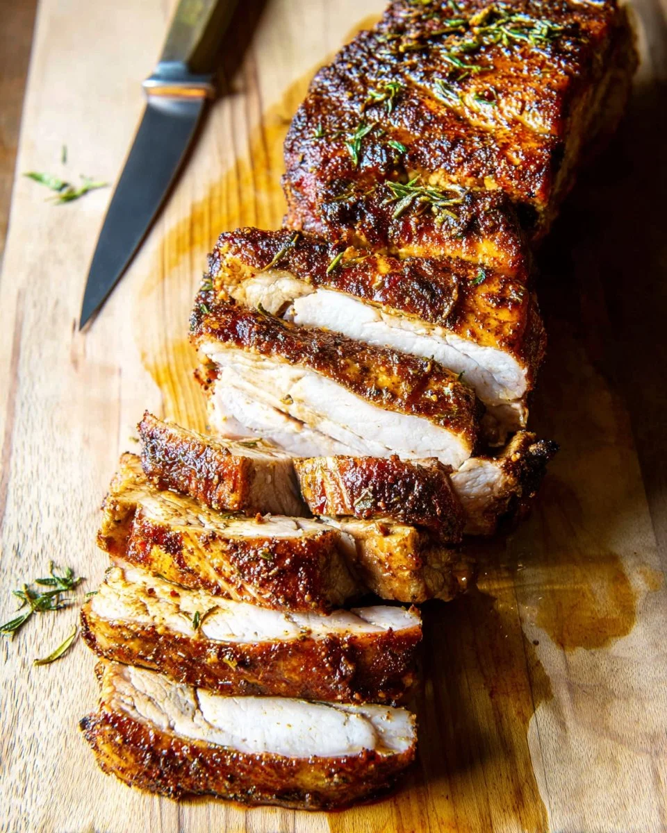 Juicy air fryer pork tenderloin served with vegetables
