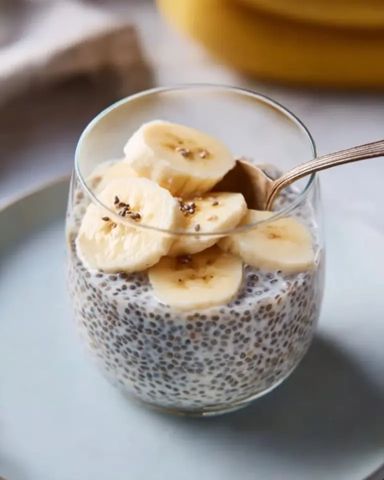 Healthy banana chia pudding topped with fresh fruit