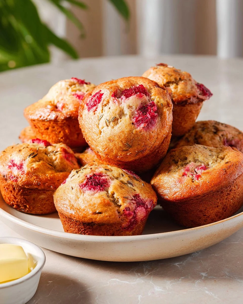 Freshly baked Banana Raspberry Muffins on a wooden table