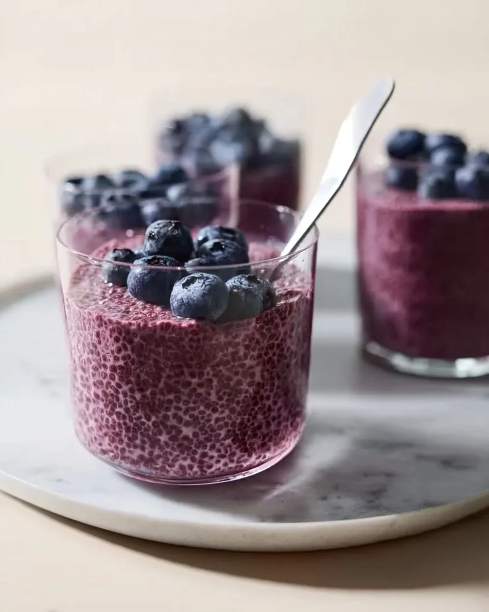 Delicious blueberry chia seed pudding topped with fresh blueberries