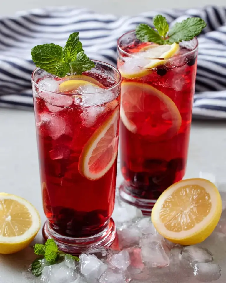 Glass of refreshing blueberry iced tea with blueberries and mint leaves
