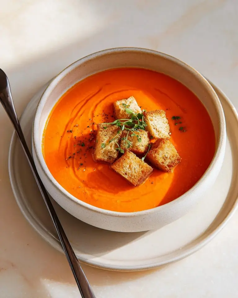 Creamy butternut squash and tomato soup in a bowl garnished with herbs