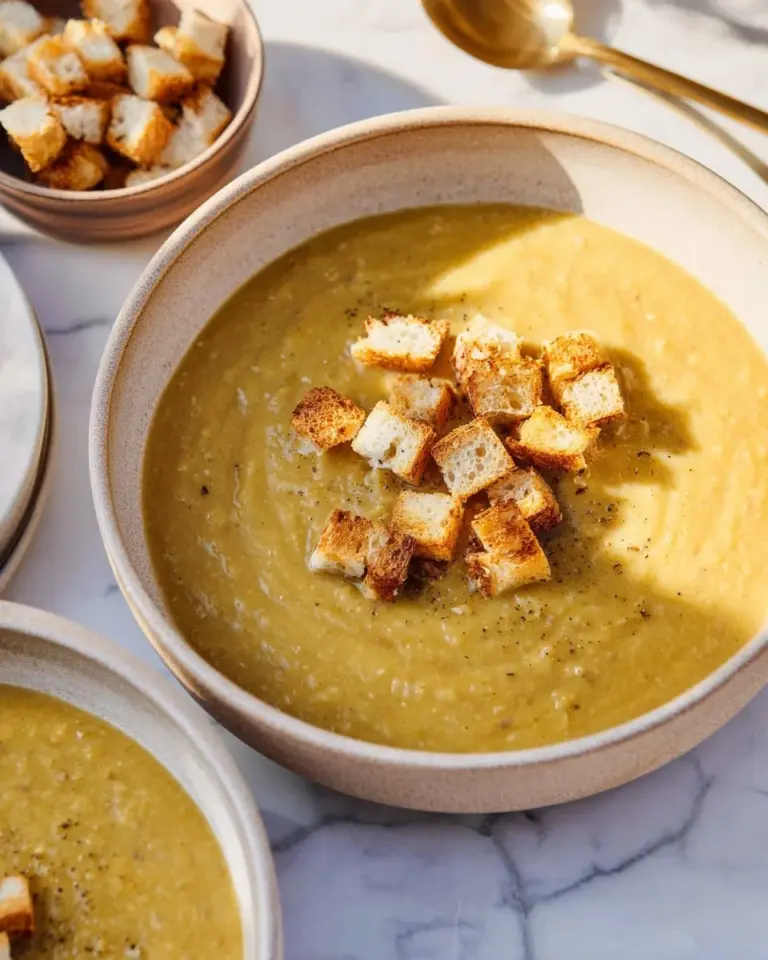 Bowl of creamy Cauliflower Potato Leek Soup garnished with herbs