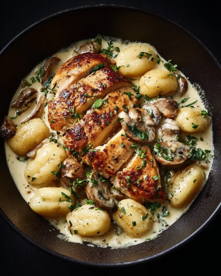 Delicious bowl of Chicken and Gnocchi garnished with herbs and served hot