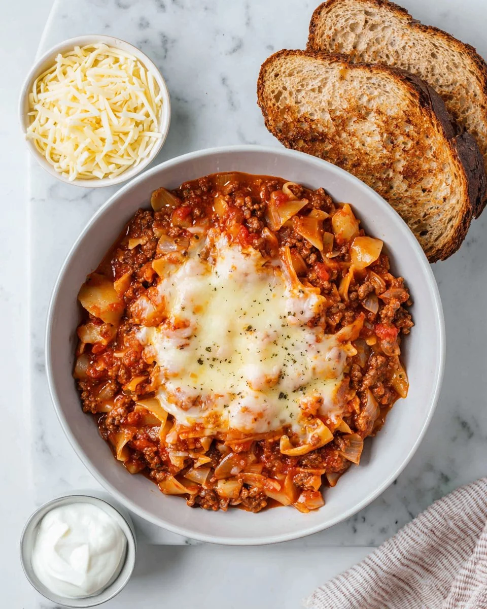 Chipotle ground beef and cabbage casserole served in a baking dish.