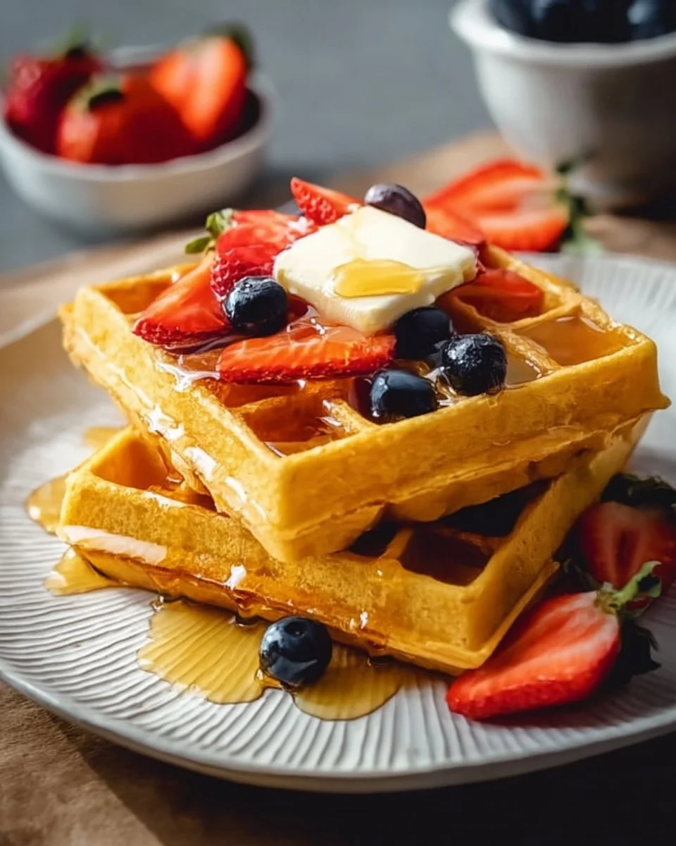 Delicious cornbread waffles topped with honey and butter on a plate.