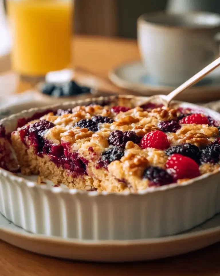 Delicious cozy berry baked oatmeal topped with almonds in a bowl