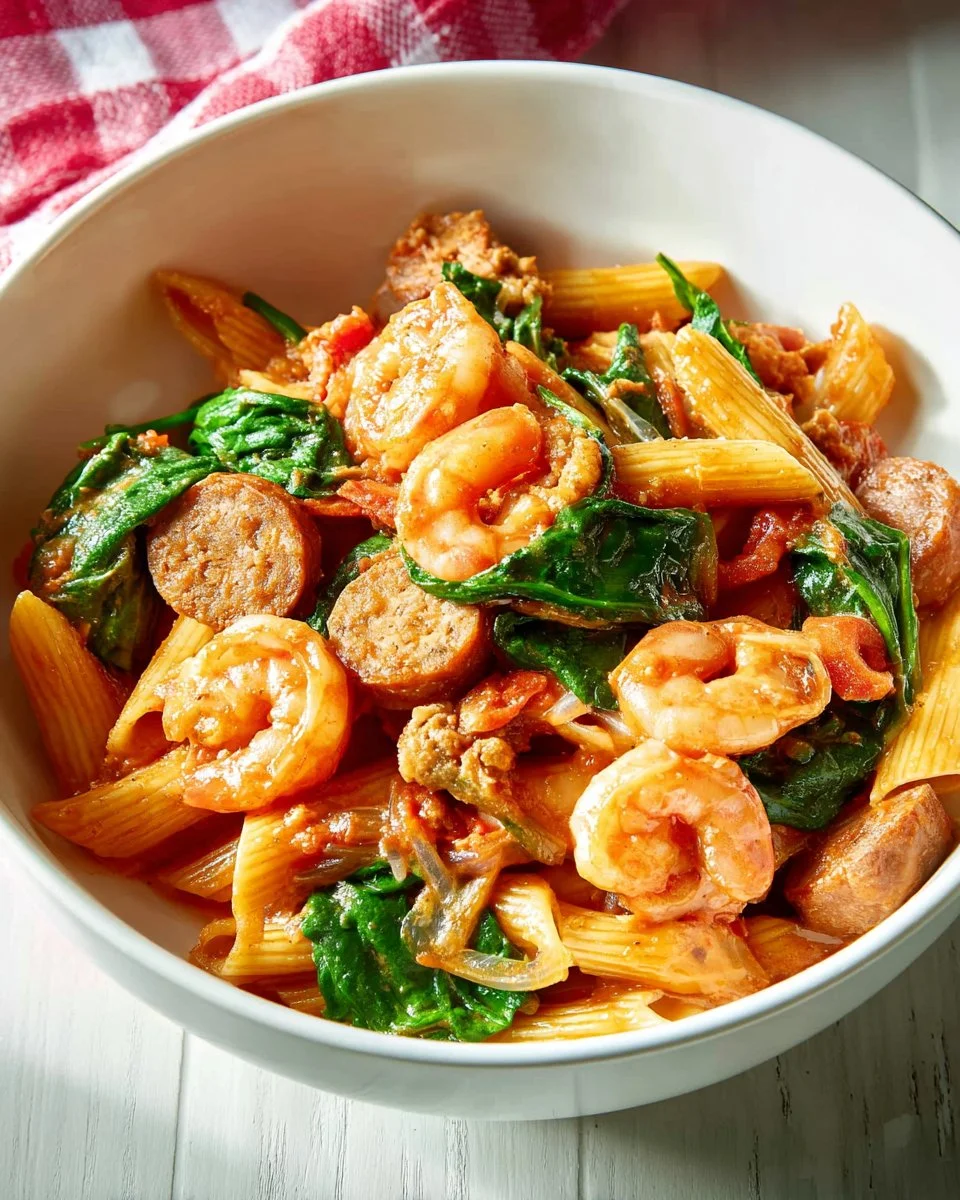 Creamy Cajun shrimp and sausage pasta served in a bowl with herbs