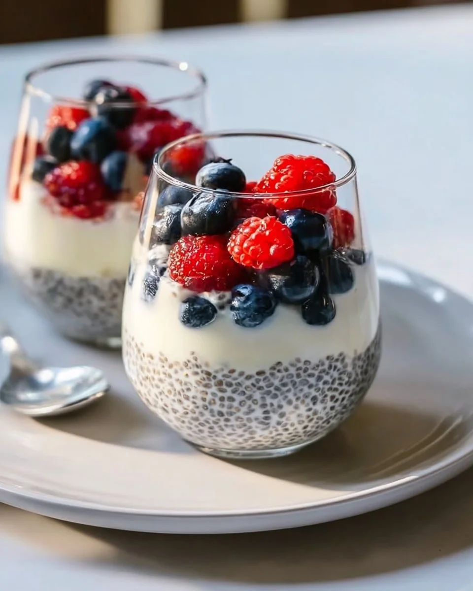 Creamy chia seed pudding topped with yogurt and fresh fruits