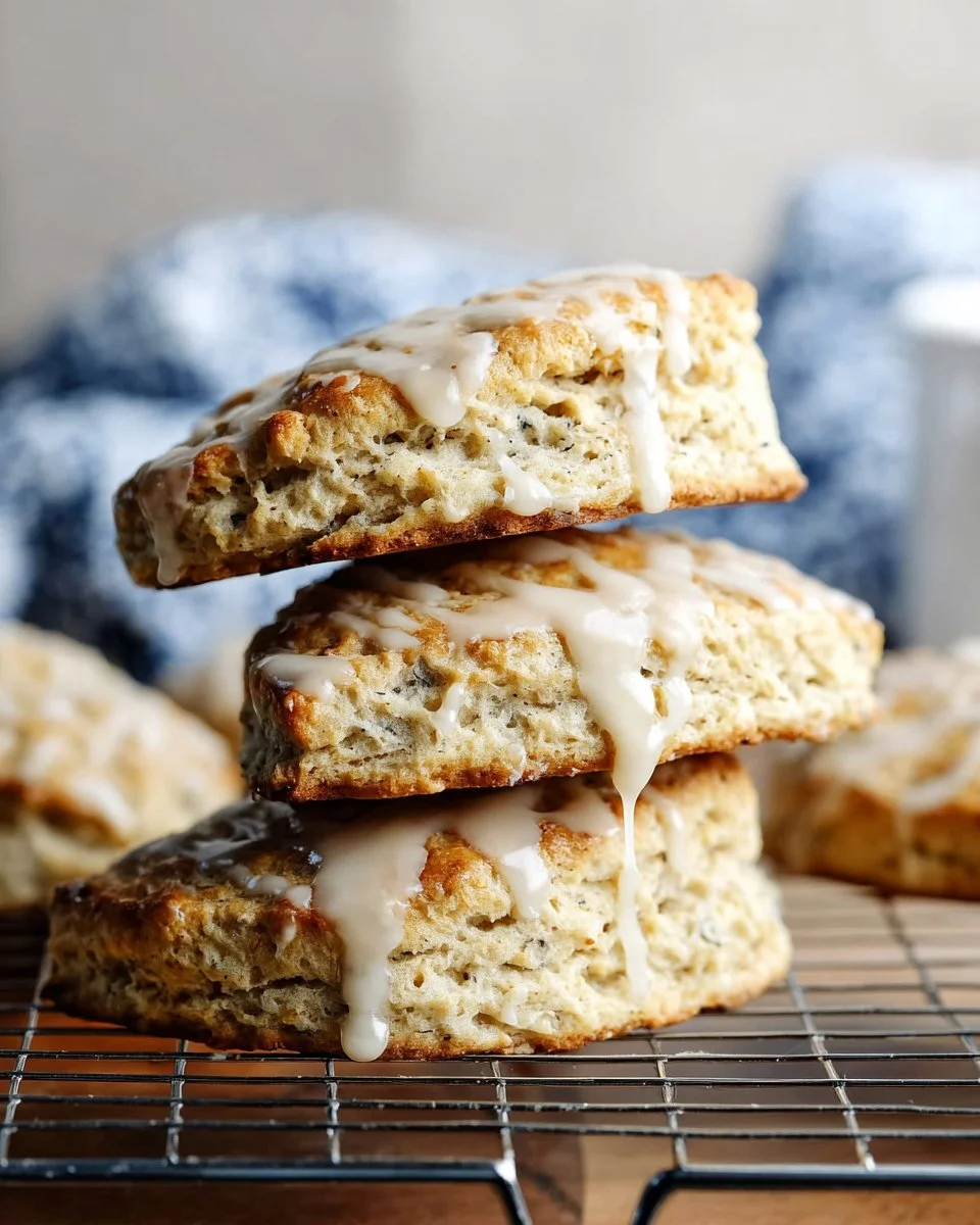 Delicious Earl Grey scones drizzled with lemon glaze on a plate