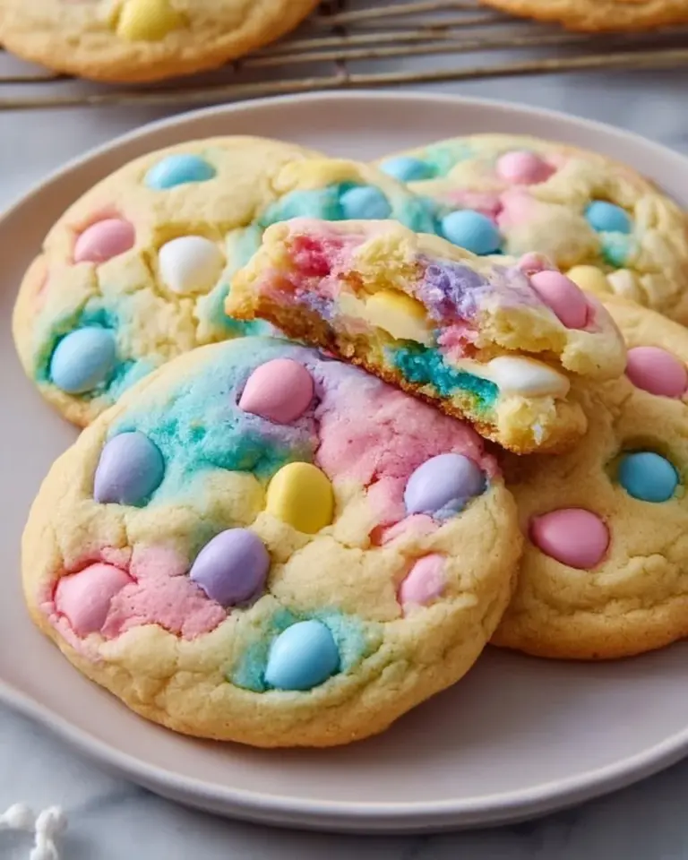 Colorful Easter Funfetti Cookies decorated with sprinkles on a plate