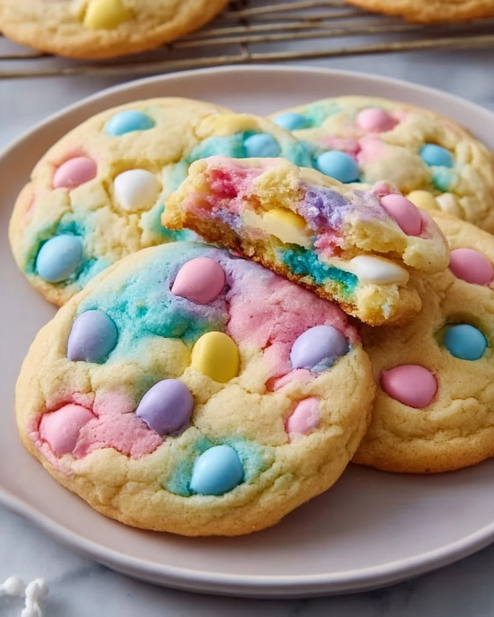 Colorful Easter Funfetti Cookies decorated with sprinkles on a plate