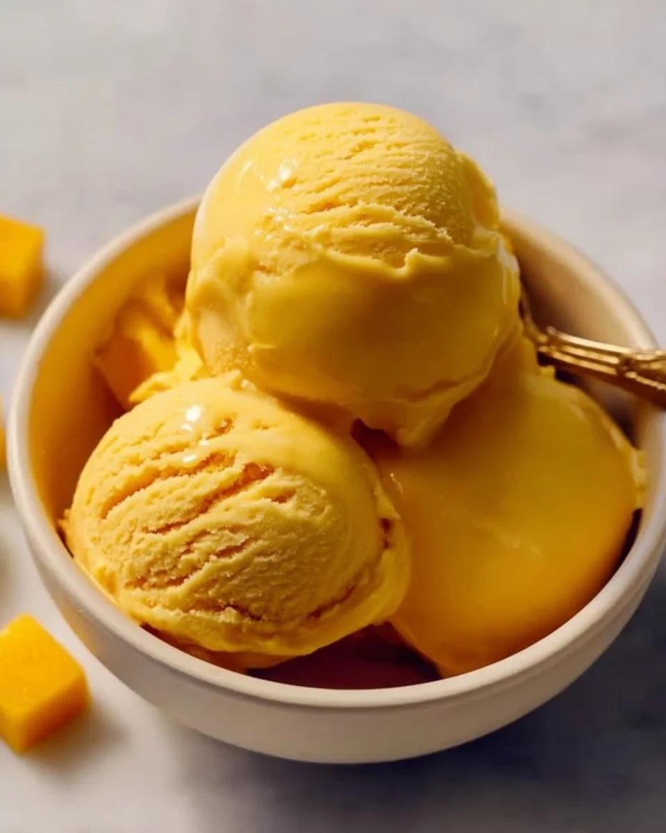 A bowl of easy homemade mango ice cream garnished with fresh mango slices
