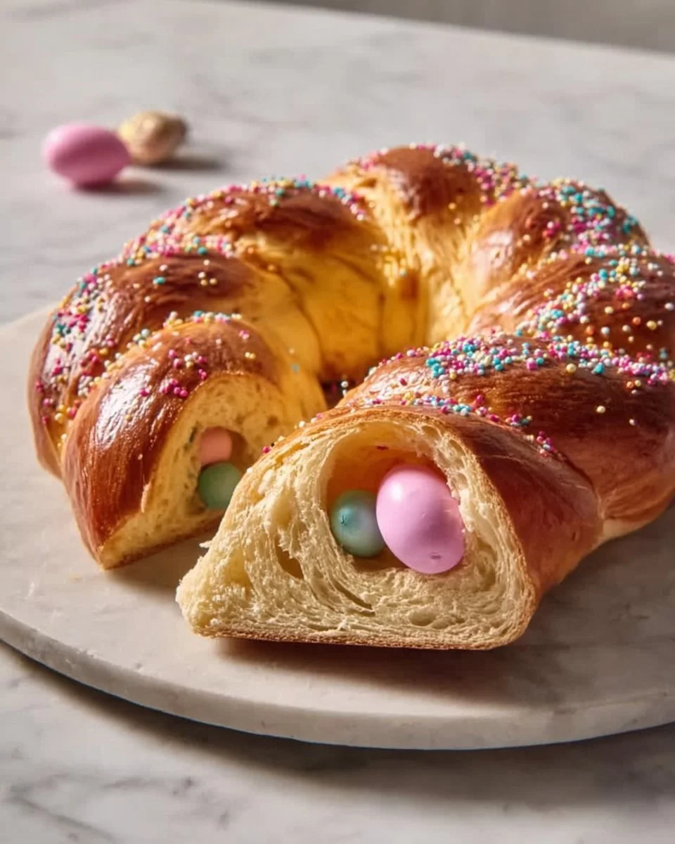 Homemade Easy Sweet Italian Easter Bread adorned with colorful eggs