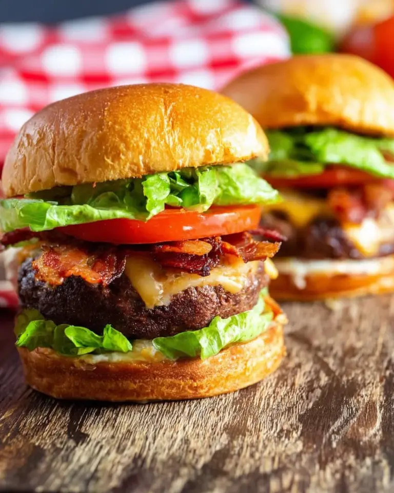 Grilled Chipotle BLT Cheeseburgers with crispy bacon and fresh toppings