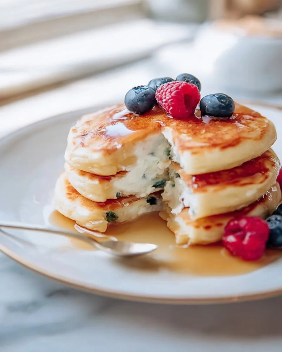 Delicious healthy cottage cheese pancakes served on a plate with toppings.