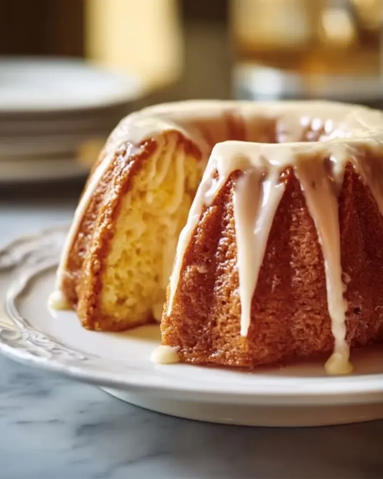 Delicious Kentucky Butter Cake served on a plate with a drizzle of glaze