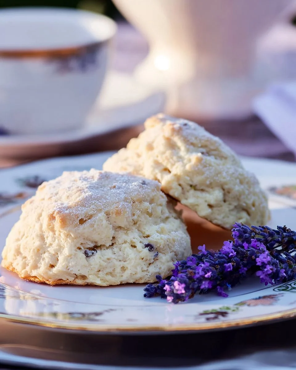 Homemade lavender scones served on a bakery platter