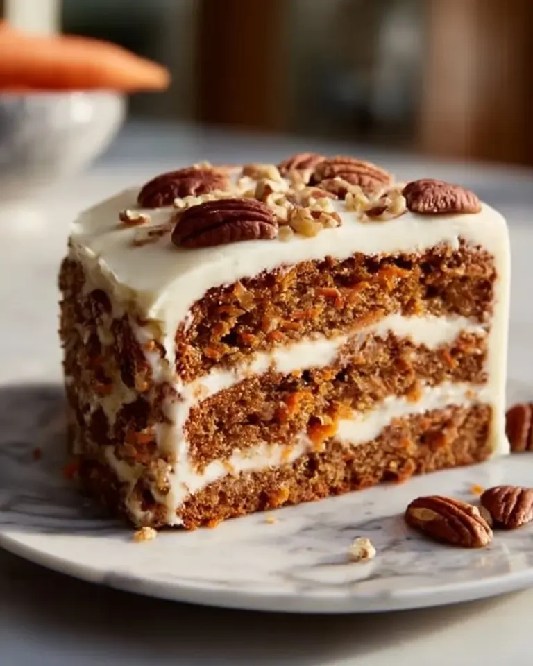 Delicious low carb carrot cake slice topped with cream cheese frosting.