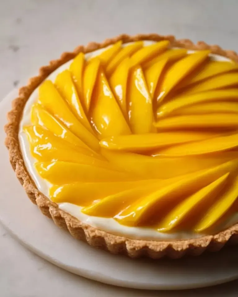 Delicious homemade mango tart topped with fresh mango slices and whipped cream.