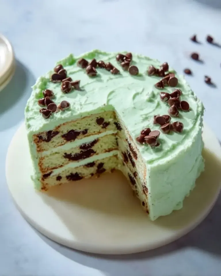 Mint Chocolate Chip Cake with frosting and chocolate chips on top