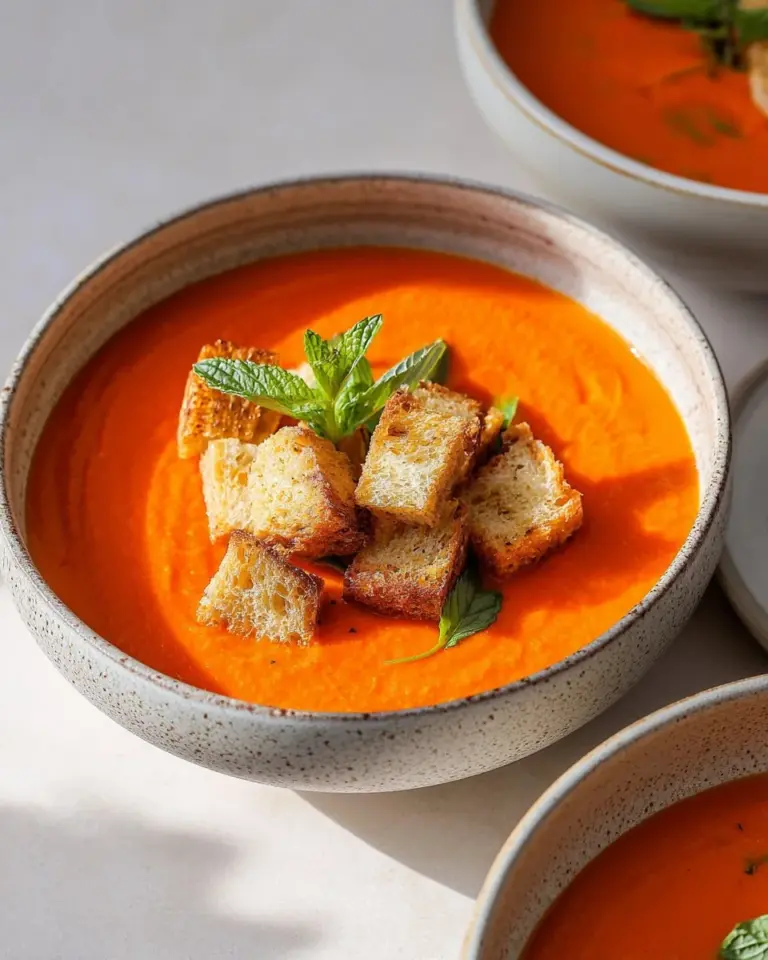 Bowl of creamy Pumpkin Tomato Soup garnished with herbs and spices.
