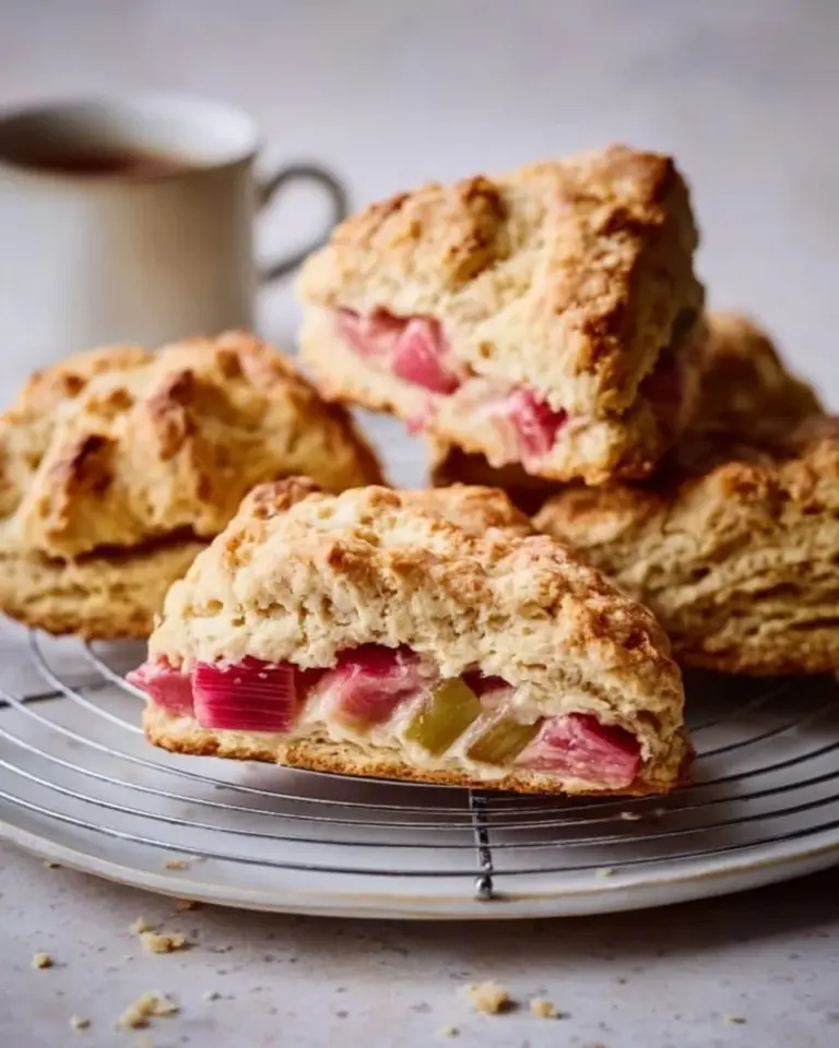 Freshly baked rhubarb scones on a cooling rack