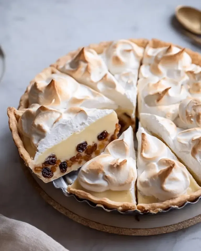 Delicious slice of sour cream raisin pie with golden crust and creamy filling