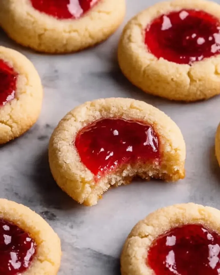 Freshly baked Strawberry Thumbprint Cookies with berry jam filling