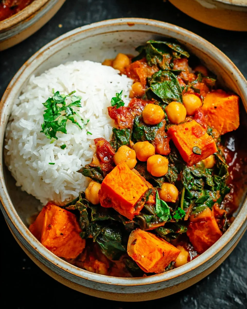 Bowl of sweet potato chickpea curry garnished with fresh herbs