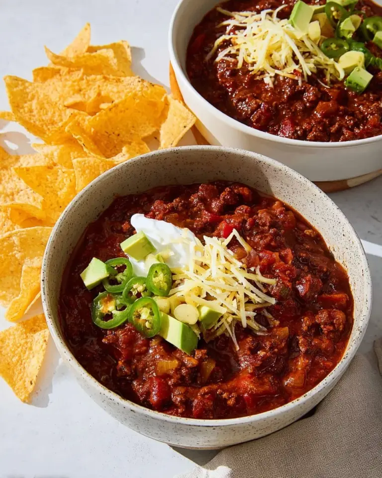 Delicious bowl of the best lentil chili garnished with fresh herbs