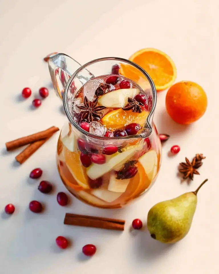 A glass of Winter White Sangria with seasonal fruits, perfect for holiday gatherings.