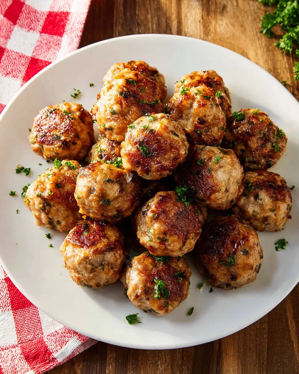 A plate of gluten-free air fryer turkey meatballs garnished with herbs.