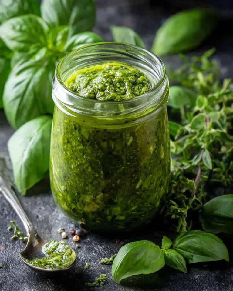 Basil Chimichurri sauce drizzled over grilled meat and vegetables