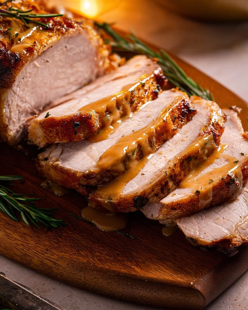 Delicious homemade pork gravy poured over a succulent pork dish