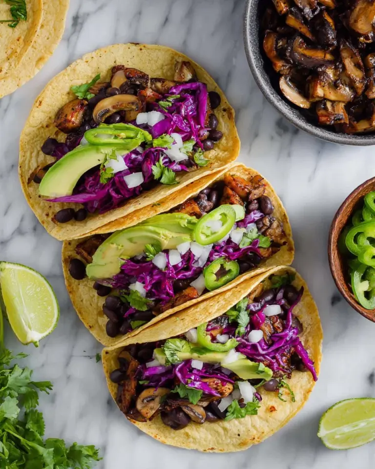 Delicious black bean mushroom tacos topped with fresh ingredients and spices