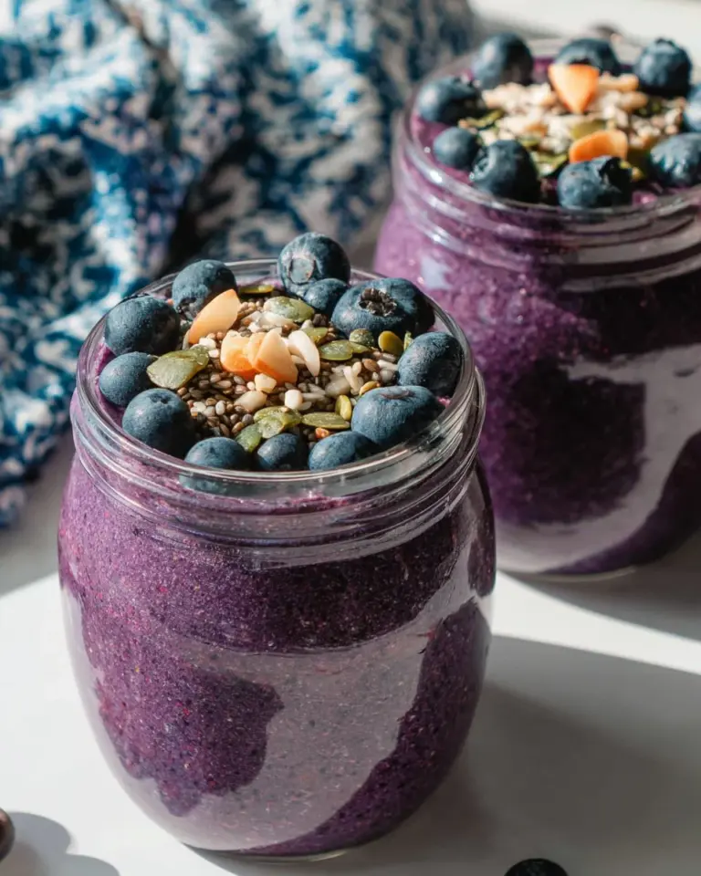 Delicious blueberry chia pudding topped with fresh berries and mint