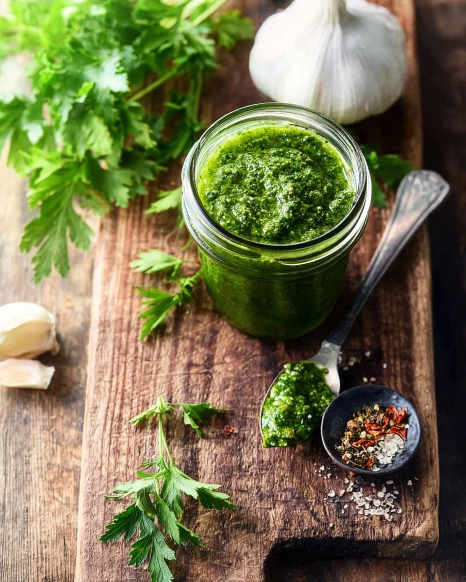 Homemade Chimichurri Sauce in a vibrant green bowl, ready for serving.