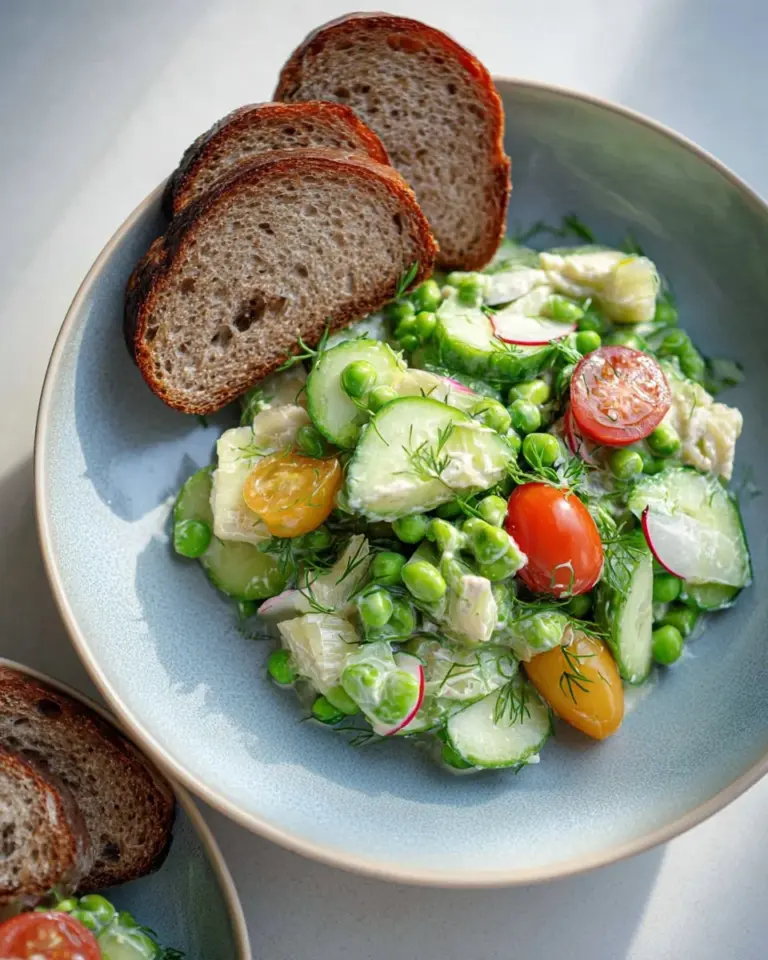 Cottage Cheese Chicken Salad served in a bowl with fresh herbs and vegetables