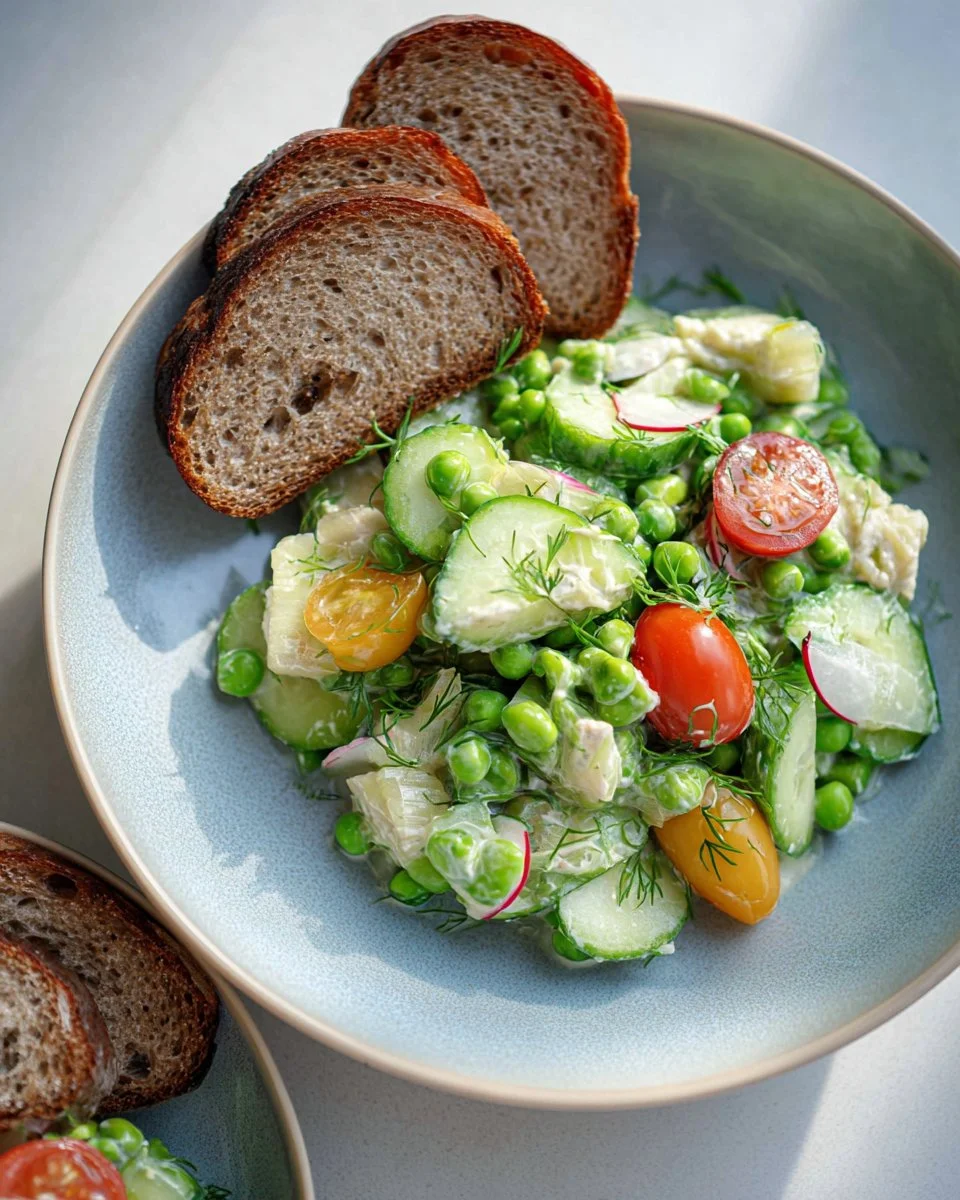 Cottage Cheese Chicken Salad served in a bowl with fresh herbs and vegetables