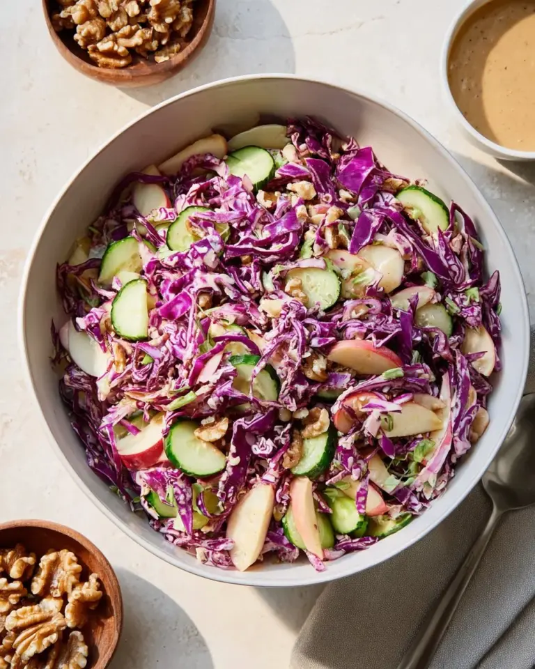 A deliciously crunchy red cabbage salad with colorful vegetables and dressing.