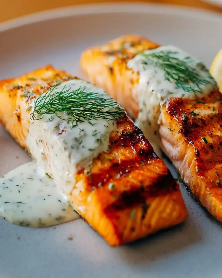 Dill sauce served over cooked salmon with fresh dill garnish