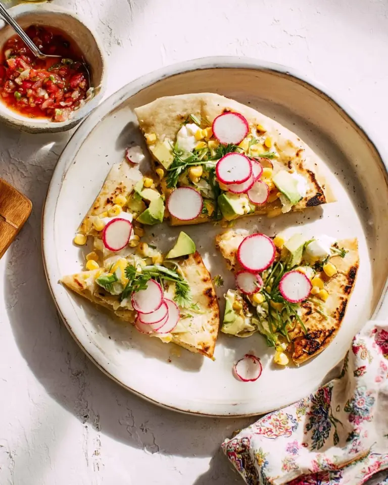 Homemade quesadillas served with salsa and avocado on a dinner plate