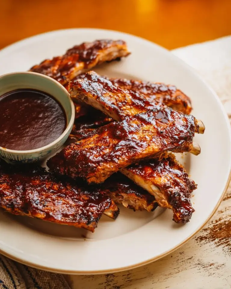 Delicious fall-off-the-bone oven-baked spare ribs on a serving platter