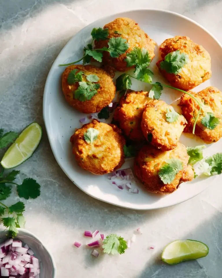 Golden brown fish cutlets served with dipping sauce on a plate.